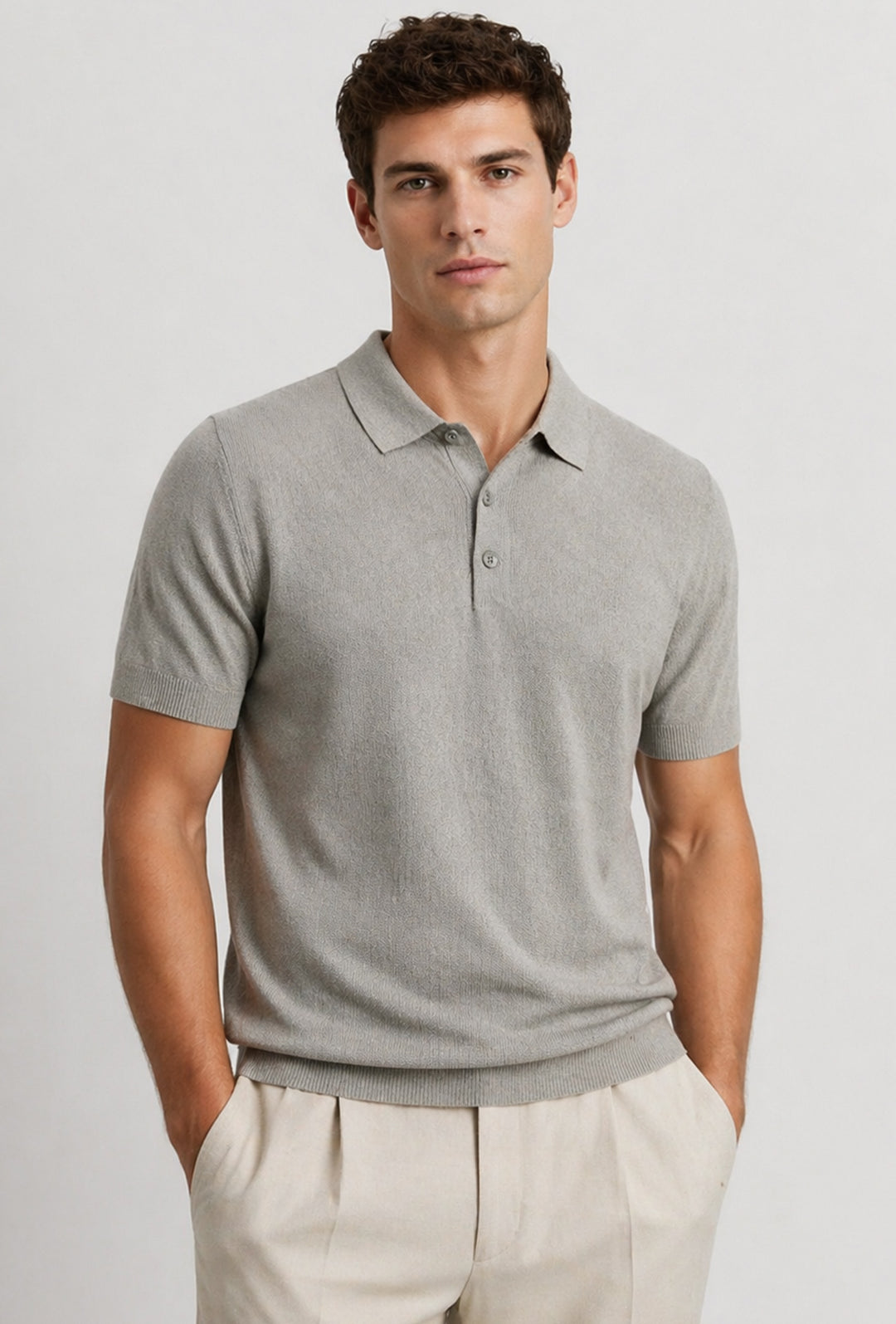 Polo uomo in maglia 100% Cotone in maglia trama lavorata - GRIGIO