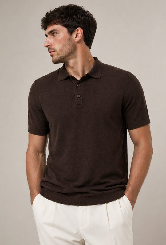 Polo uomo in maglia 100% Cotone in maglia trama lavorata - MARRONE