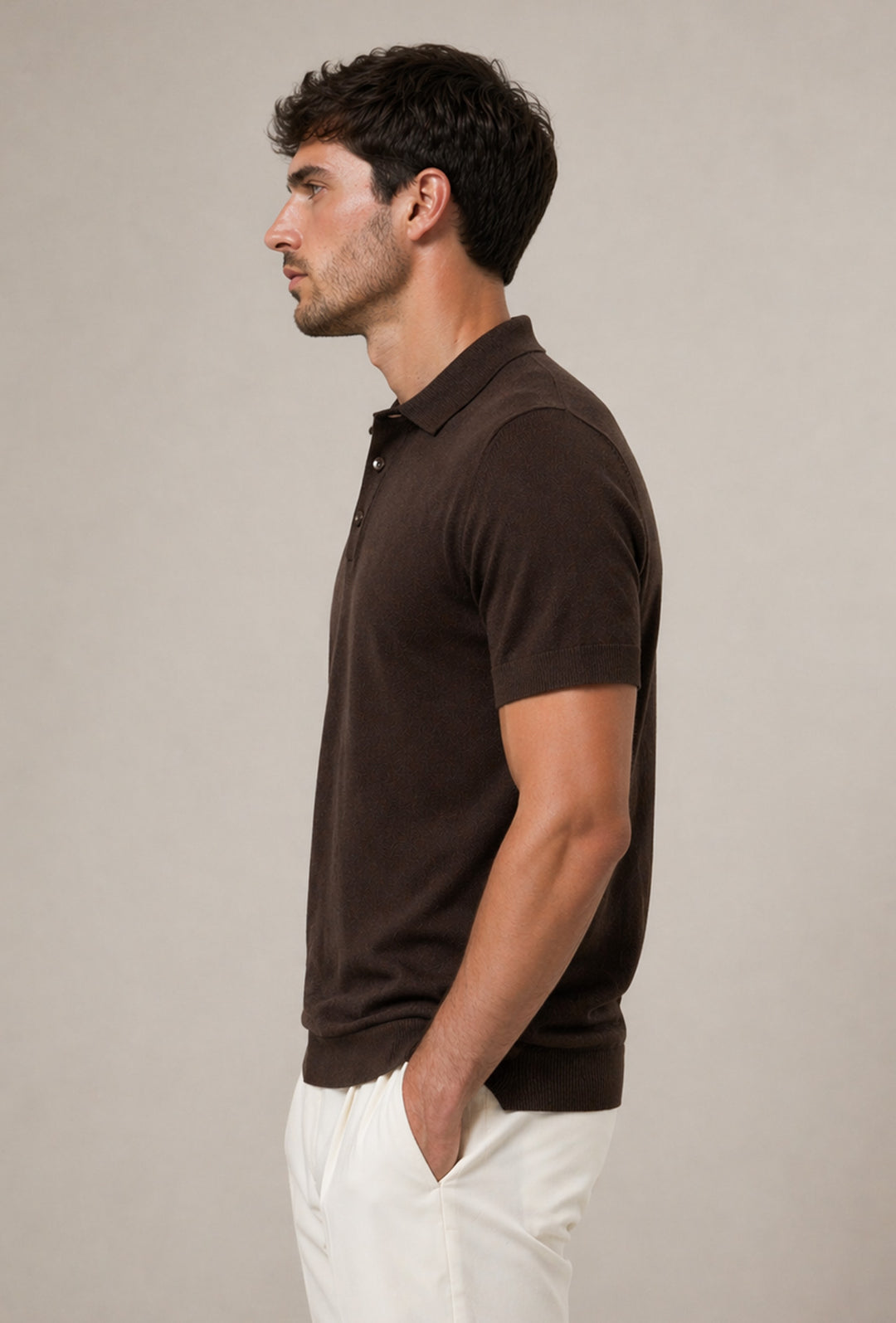 Polo uomo in maglia 100% Cotone in maglia trama lavorata - MARRONE