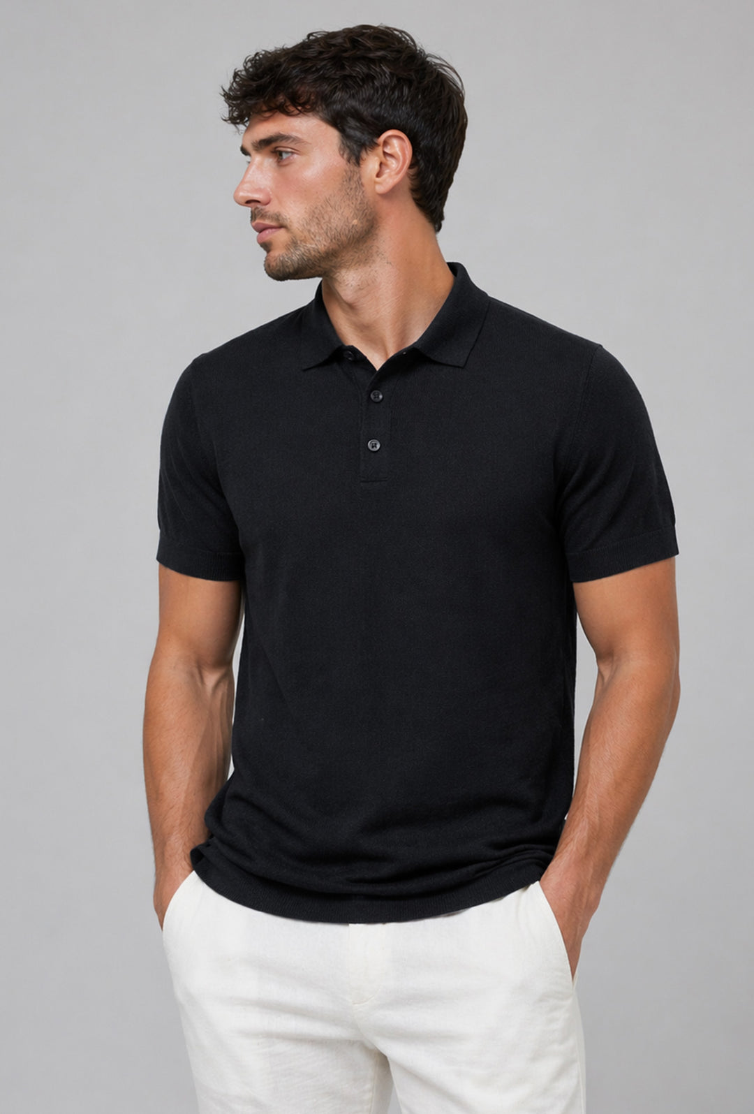 Polo uomo in maglia 100% Cotone in maglia trama lavorata - NERO