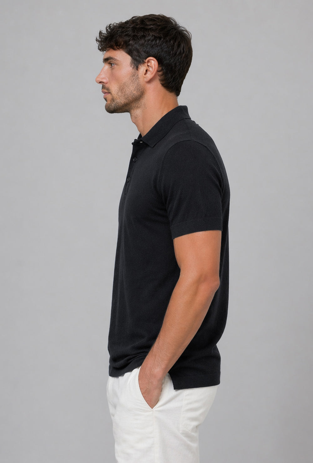 Polo uomo in maglia 100% Cotone in maglia trama lavorata - NERO