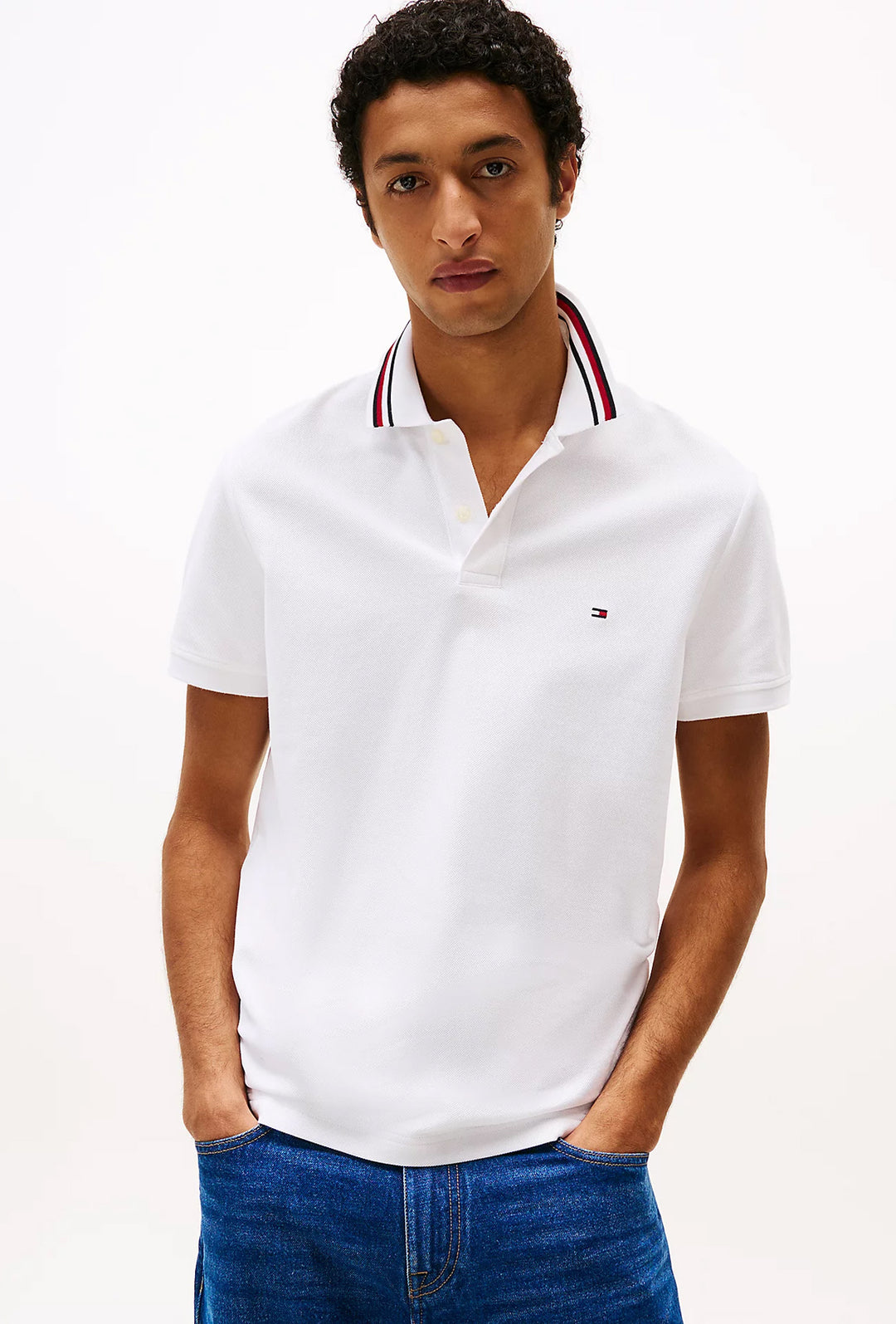 Polo Uomo TOMMY HILFIGER mezza manica colletto con righini a contrasto - BIANCO
