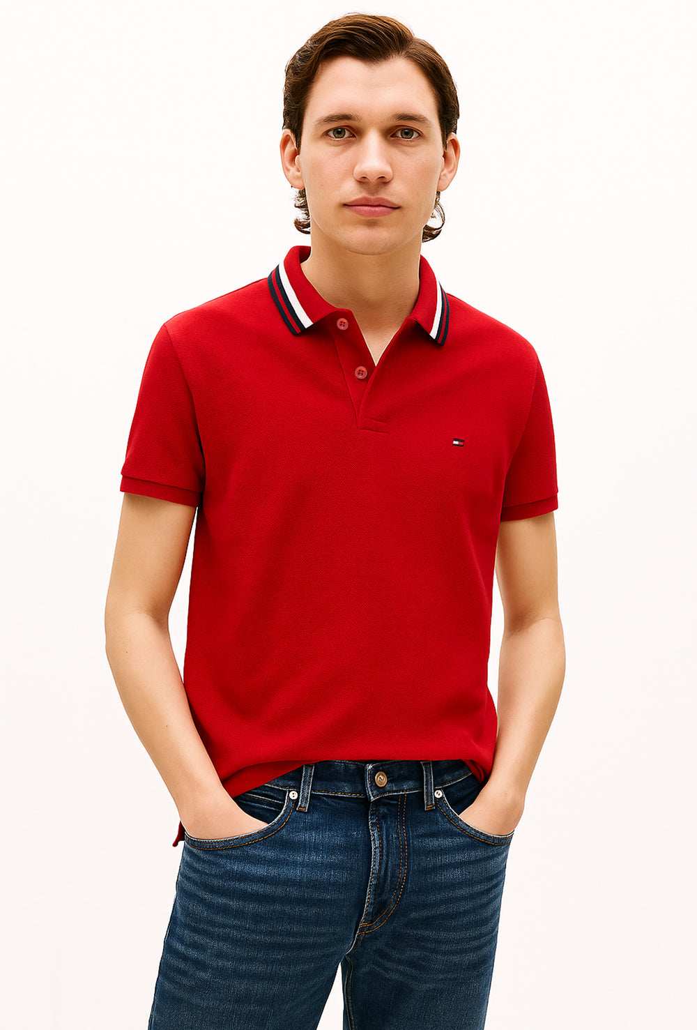 Polo Uomo TOMMY HILFIGER mezza manica colletto con righini a contrasto - ROSSO