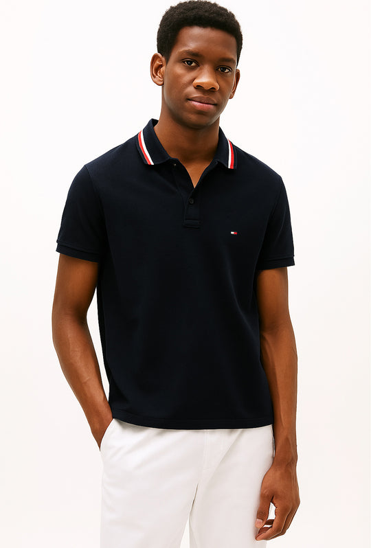 Polo Uomo TOMMY HILFIGER mezza manica colletto con righini a contrasto - NERO