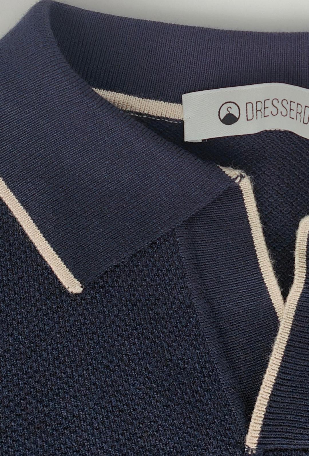 Polo Uomo DRESSERD Manica Lunga in Maglia a Trama Lavorata con Colletto e Riga Panna a Contrasto -BLU NAVY