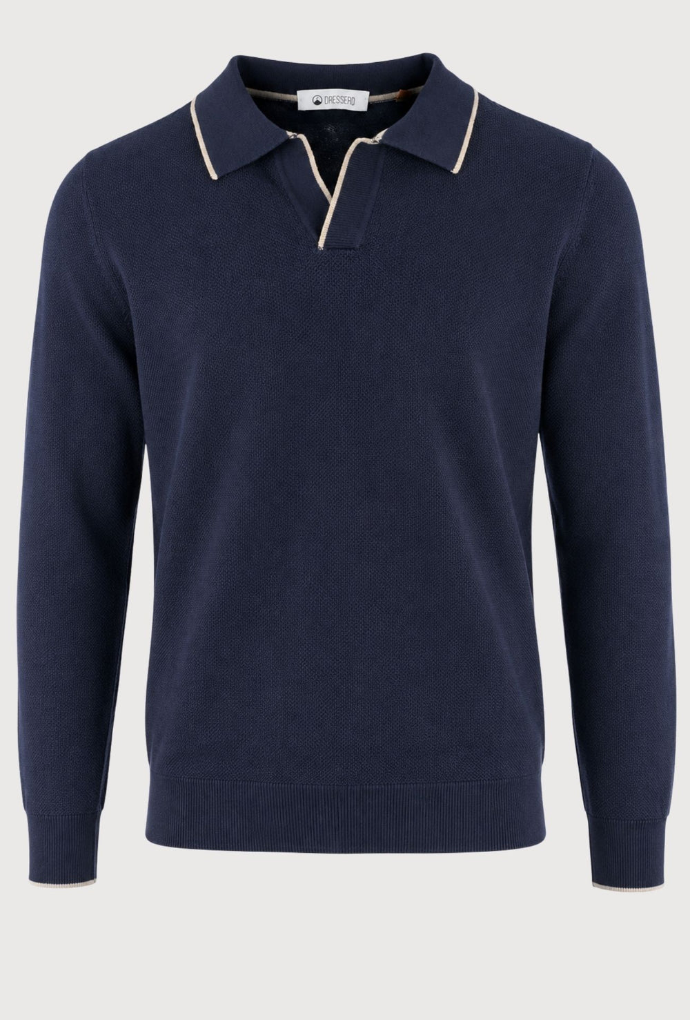 Polo Uomo DRESSERD Manica Lunga in Maglia a Trama Lavorata con Colletto e Riga Panna a Contrasto -BLU NAVY