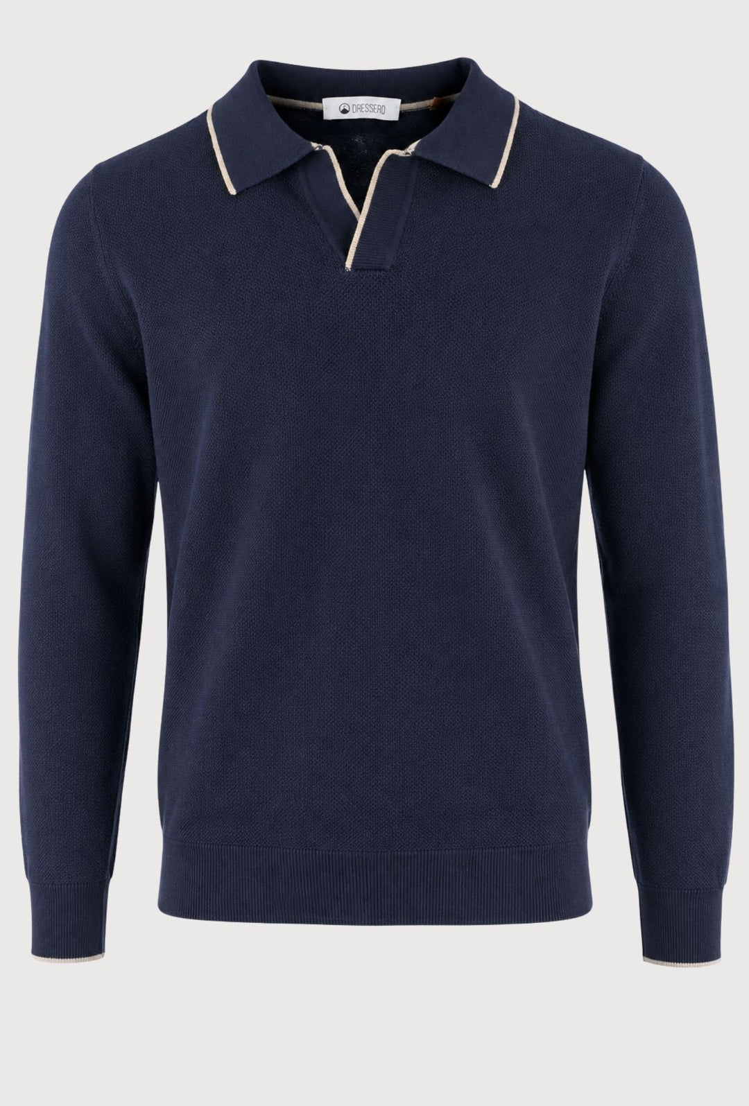 Polo Uomo DRESSERD Manica Lunga in Maglia a Trama Lavorata con Colletto e Riga Panna a Contrasto -BLU NAVY