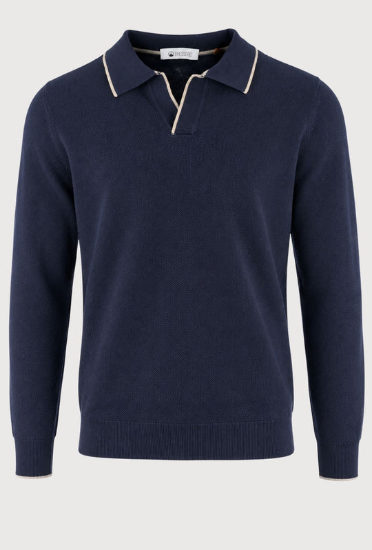 Polo Uomo DRESSERD Manica Lunga in Maglia a Trama Lavorata con Colletto e Riga Panna a Contrasto -BLU NAVY