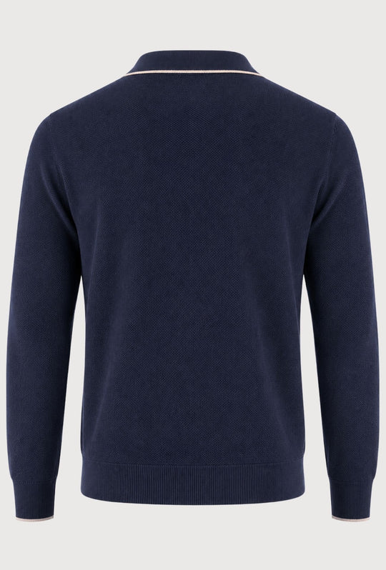 Polo Uomo DRESSERD Manica Lunga in Maglia a Trama Lavorata con Colletto e Riga Panna a Contrasto -BLU NAVY
