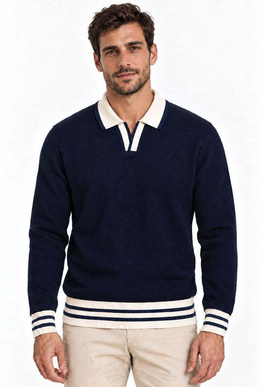 Polo uomo a maniche lunghe con lavorazione microtraforata e dettagli crema- BLU