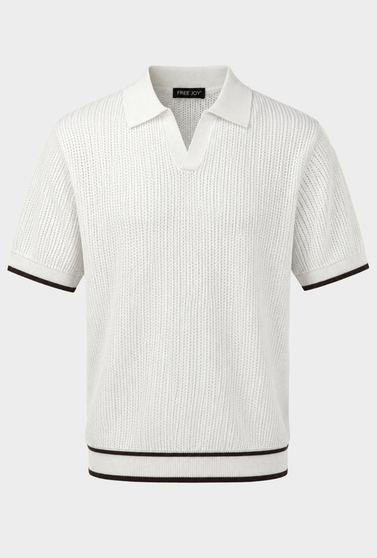 Polo Uomo in Maglia Traforata 100% Cotone Collo Aperto Regular Fit-BIANCO