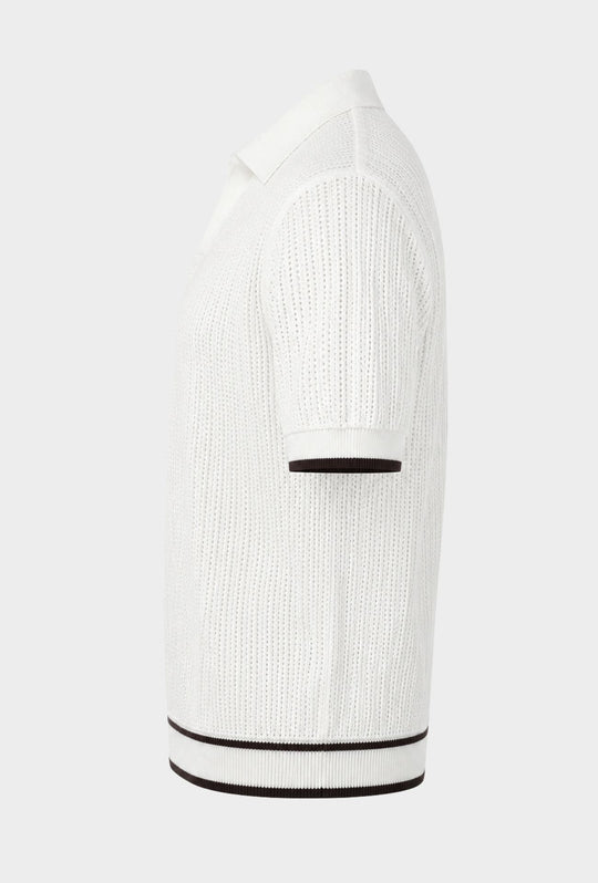 Polo Uomo in Maglia Traforata 100% Cotone Collo Aperto Regular Fit-BIANCO