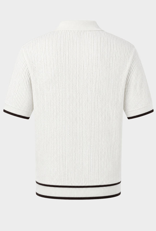 Polo Uomo in Maglia Traforata 100% Cotone Collo Aperto Regular Fit-BIANCO