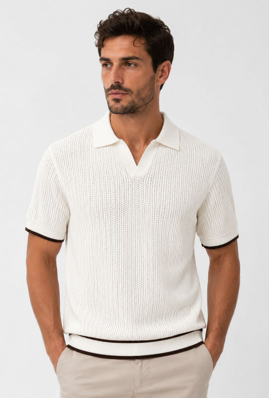 Polo Uomo in Maglia Traforata 100% Cotone Collo Aperto Regular Fit-BIANCO