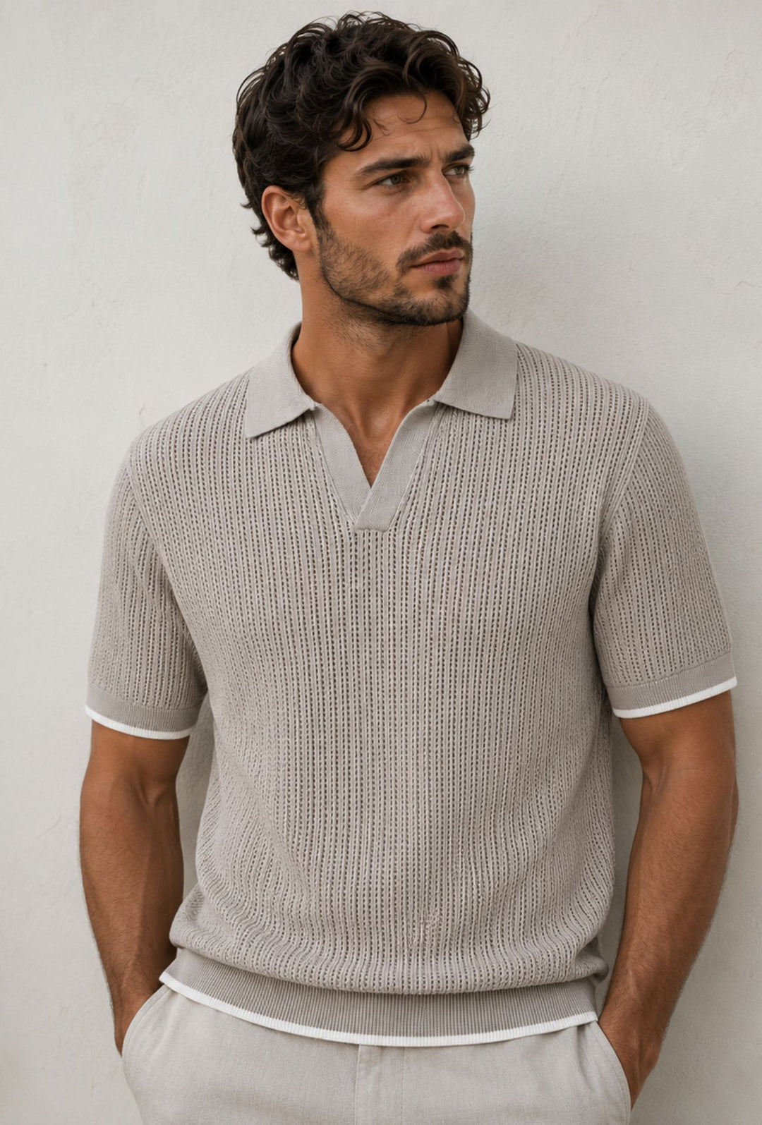 Polo Uomo in Maglia Traforata 100% Cotone Collo Aperto Regular Fit- SAND