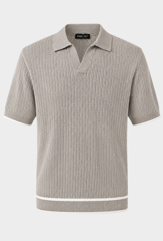 Polo Uomo in Maglia Traforata 100% Cotone Collo Aperto Regular Fit- SAND