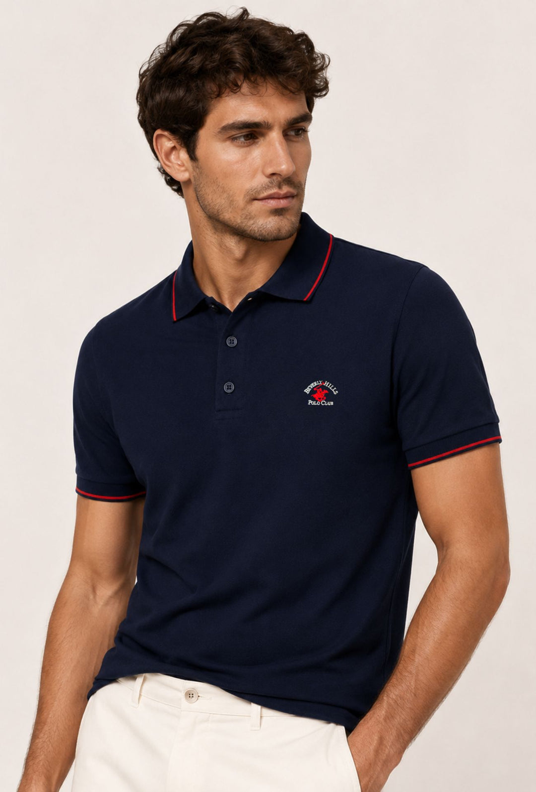 Polo Uomo BEVERLY HILLS POLO CLUB in Cotone Piquet 100% colletto righino rosso – BLU