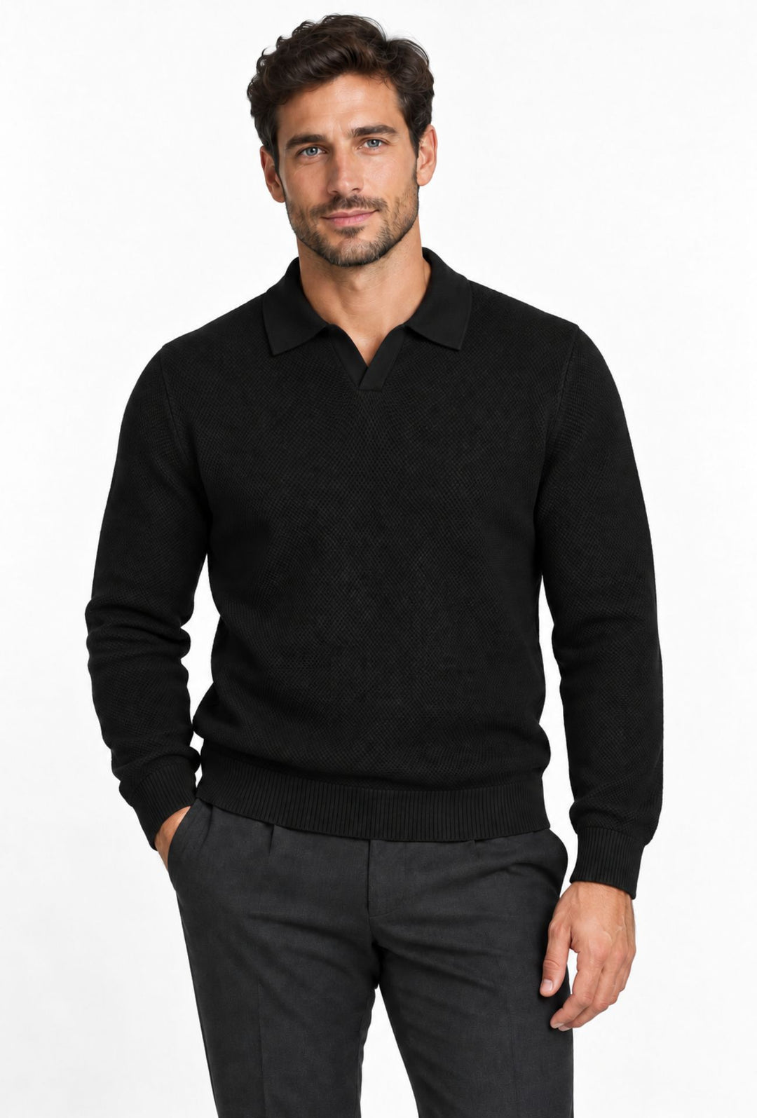 Polo uomo Manica Lunga con scollo Derby microtrama in rilievo- NERO
