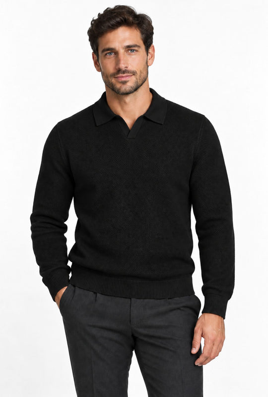 Polo uomo Manica Lunga con scollo Derby microtrama in rilievo- NERO