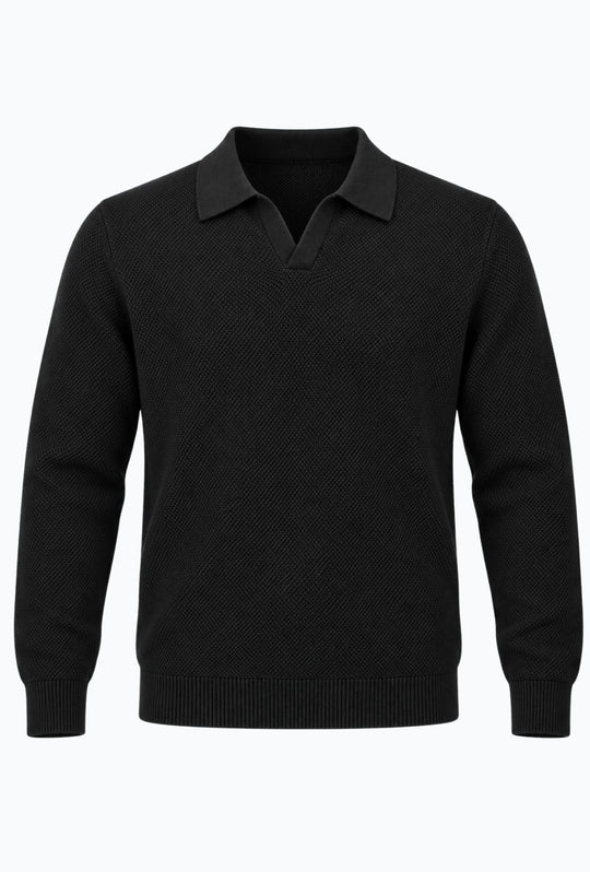 Polo uomo Manica Lunga con scollo Derby microtrama in rilievo- NERO