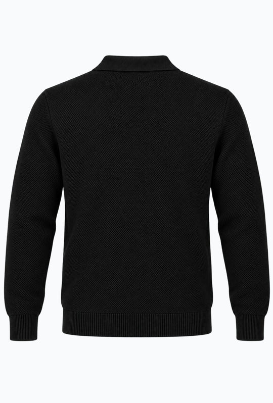Polo uomo Manica Lunga con scollo Derby microtrama in rilievo- NERO