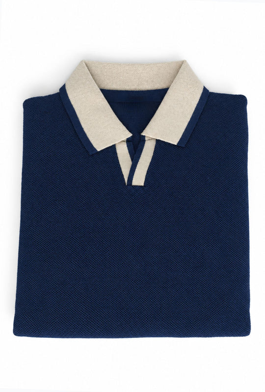 Polo uomo a maniche lunghe con lavorazione microtraforata e dettagli crema- BLU