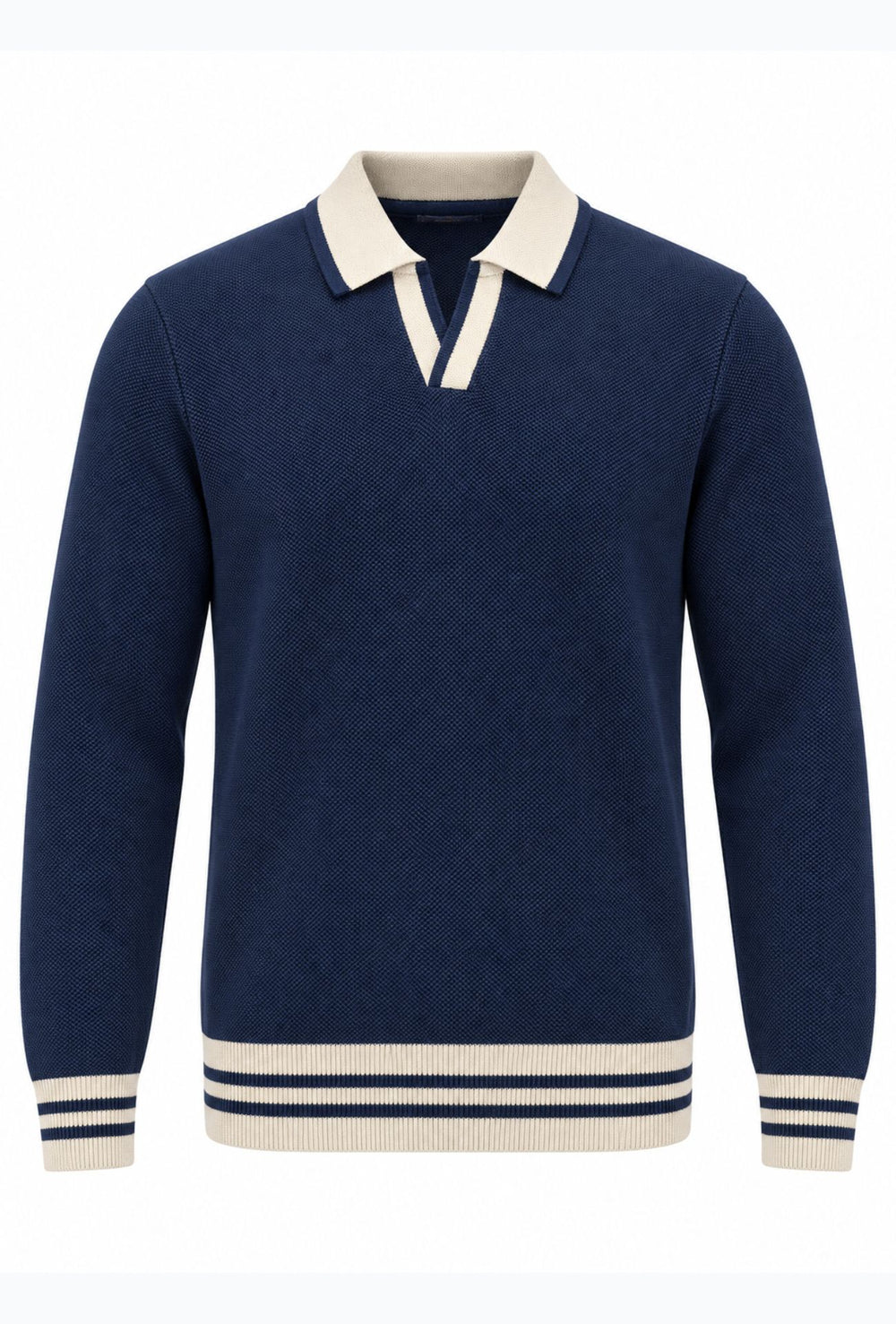 Polo uomo a maniche lunghe con lavorazione microtraforata e dettagli crema- BLU