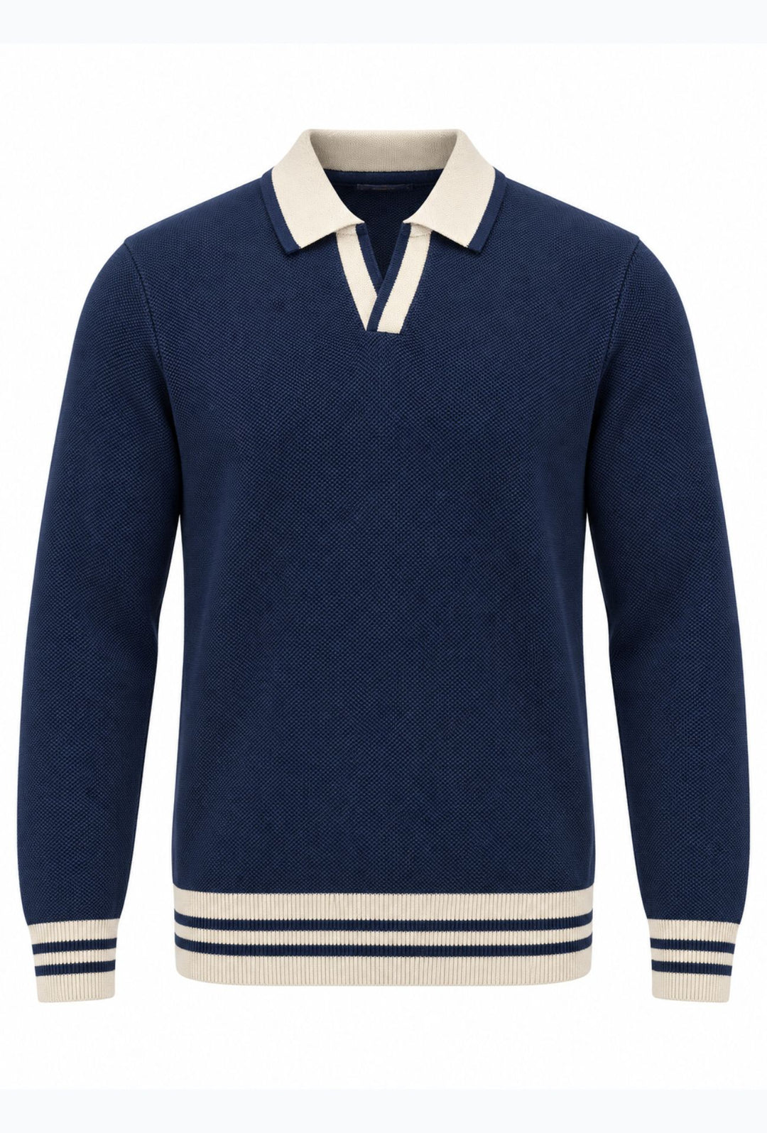 Polo uomo a maniche lunghe con lavorazione microtraforata e dettagli crema- BLU