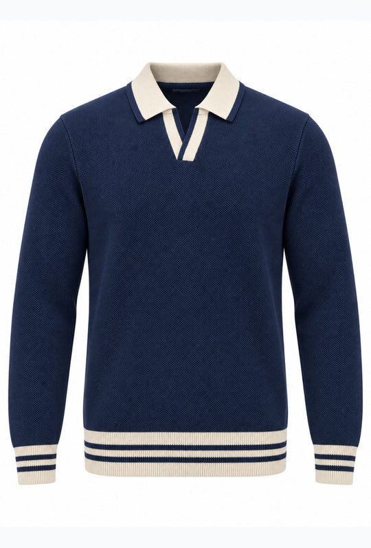 Polo uomo a maniche lunghe con lavorazione microtraforata e dettagli crema- BLU