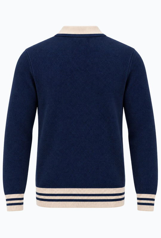 Polo uomo a maniche lunghe con lavorazione microtraforata e dettagli crema- BLU