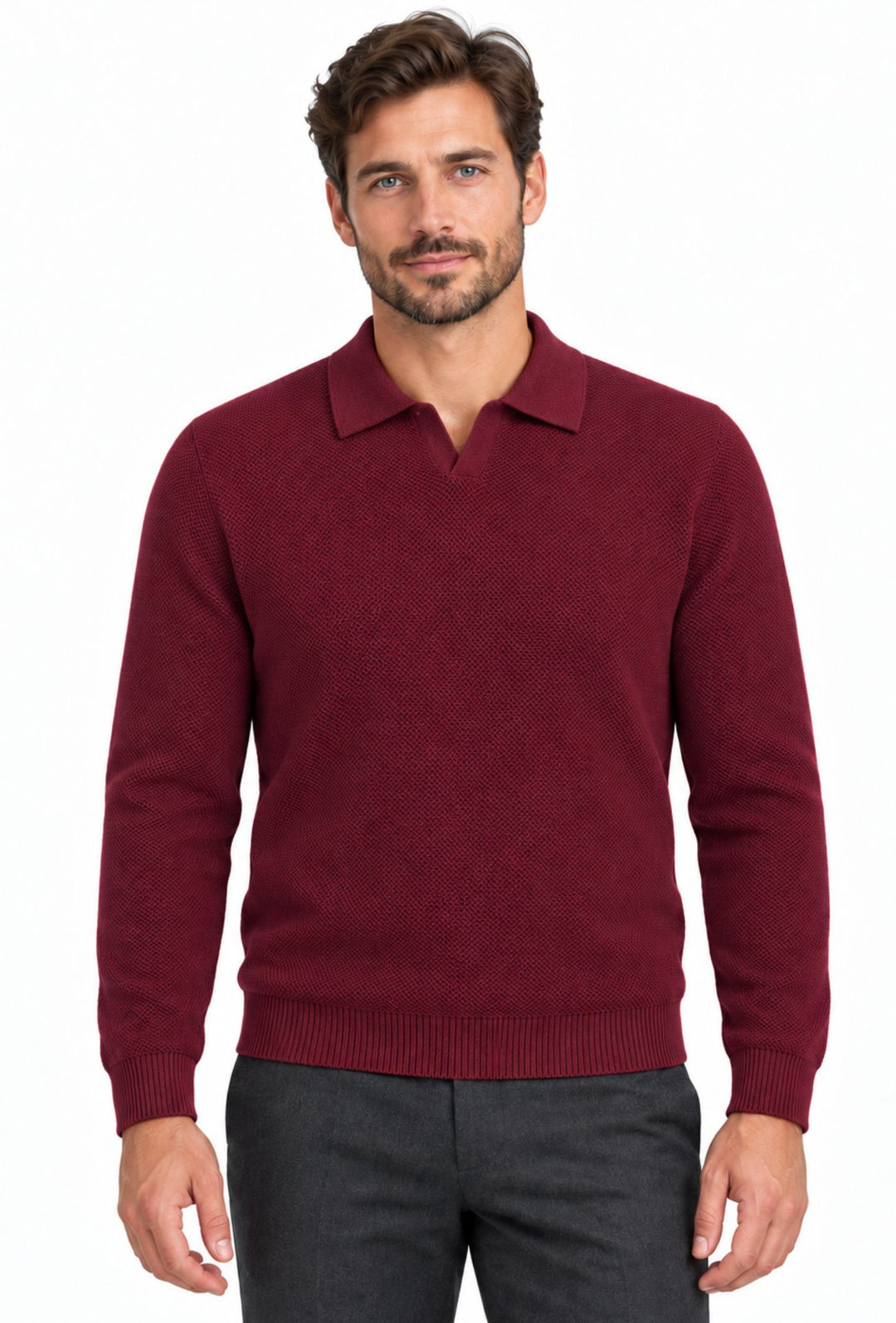 Polo uomo Manica Lunga con scollo Derby microtrama in rilievo- BORDEAUX