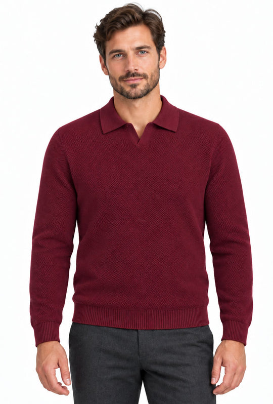 Polo uomo Manica Lunga con scollo Derby microtrama in rilievo- BORDEAUX