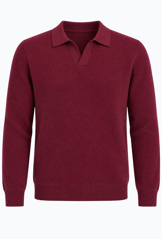Polo uomo Manica Lunga con scollo Derby microtrama in rilievo- BORDEAUX