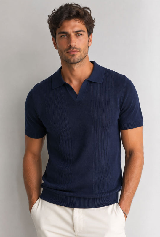 Polo Uomo in Maglia con Inserti Verticali in cotone- BLU NAVY