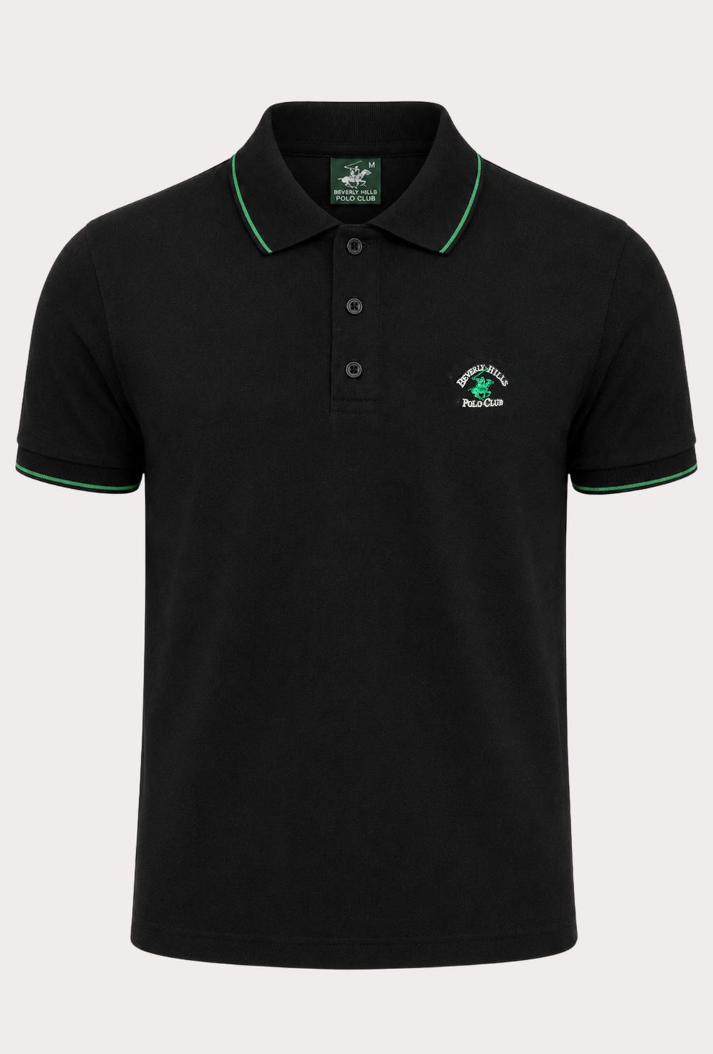Polo Uomo BEVERLY HILLS POLO CLUB in Cotone Piquet 100% colletto righino verde – NERO