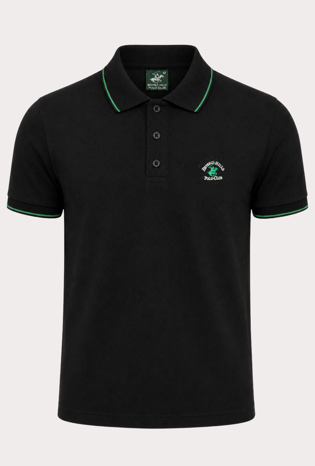 Polo Uomo BEVERLY HILLS POLO CLUB in Cotone Piquet 100% colletto righino verde – NERO