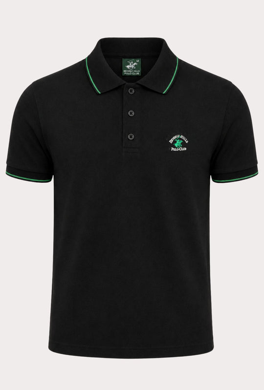 Polo Uomo BEVERLY HILLS POLO CLUB in Cotone Piquet 100% colletto righino verde – NERO