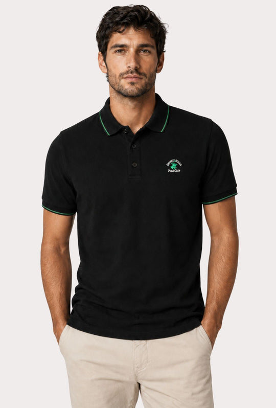Polo Uomo BEVERLY HILLS POLO CLUB in Cotone Piquet 100% colletto righino verde – NERO