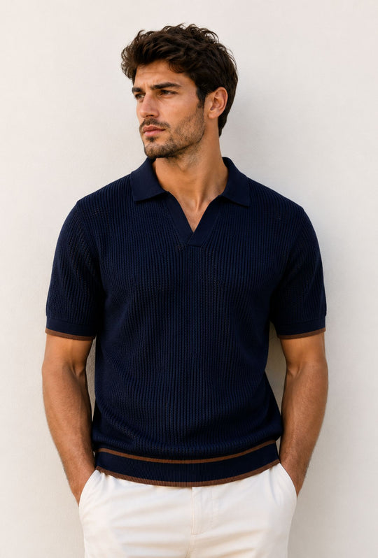 Polo Uomo in Maglia Traforata 100% Cotone Collo Aperto Regular Fit- BLU NAVY