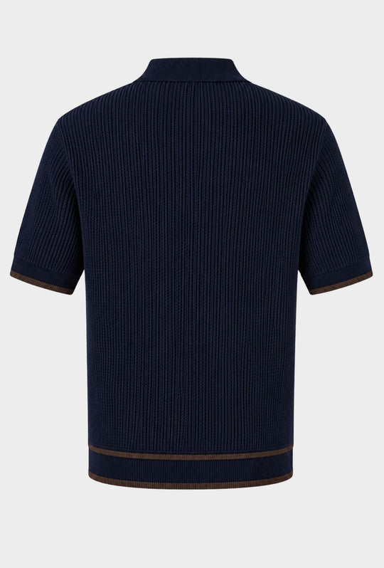 Polo Uomo in Maglia Traforata 100% Cotone Collo Aperto Regular Fit- BLU NAVY