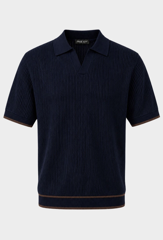 Polo Uomo in Maglia Traforata 100% Cotone Collo Aperto Regular Fit- BLU NAVY