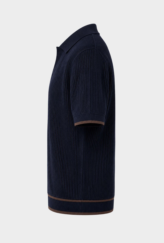Polo Uomo in Maglia Traforata 100% Cotone Collo Aperto Regular Fit- BLU NAVY