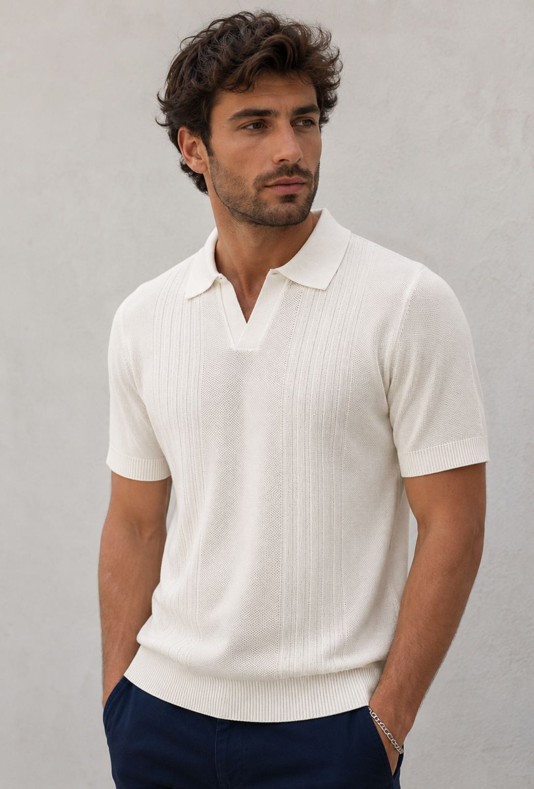 Polo Uomo in Maglia con Inserti Verticali in cotone- BIANCO