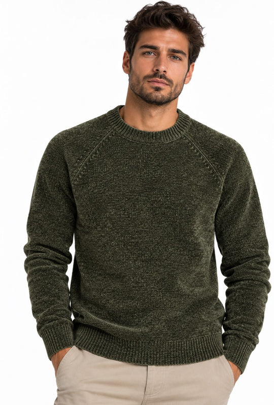 Pullover Uomo Girocollo in Morbida Ciniglia Maniche Lunghe- VERDE MILITARE