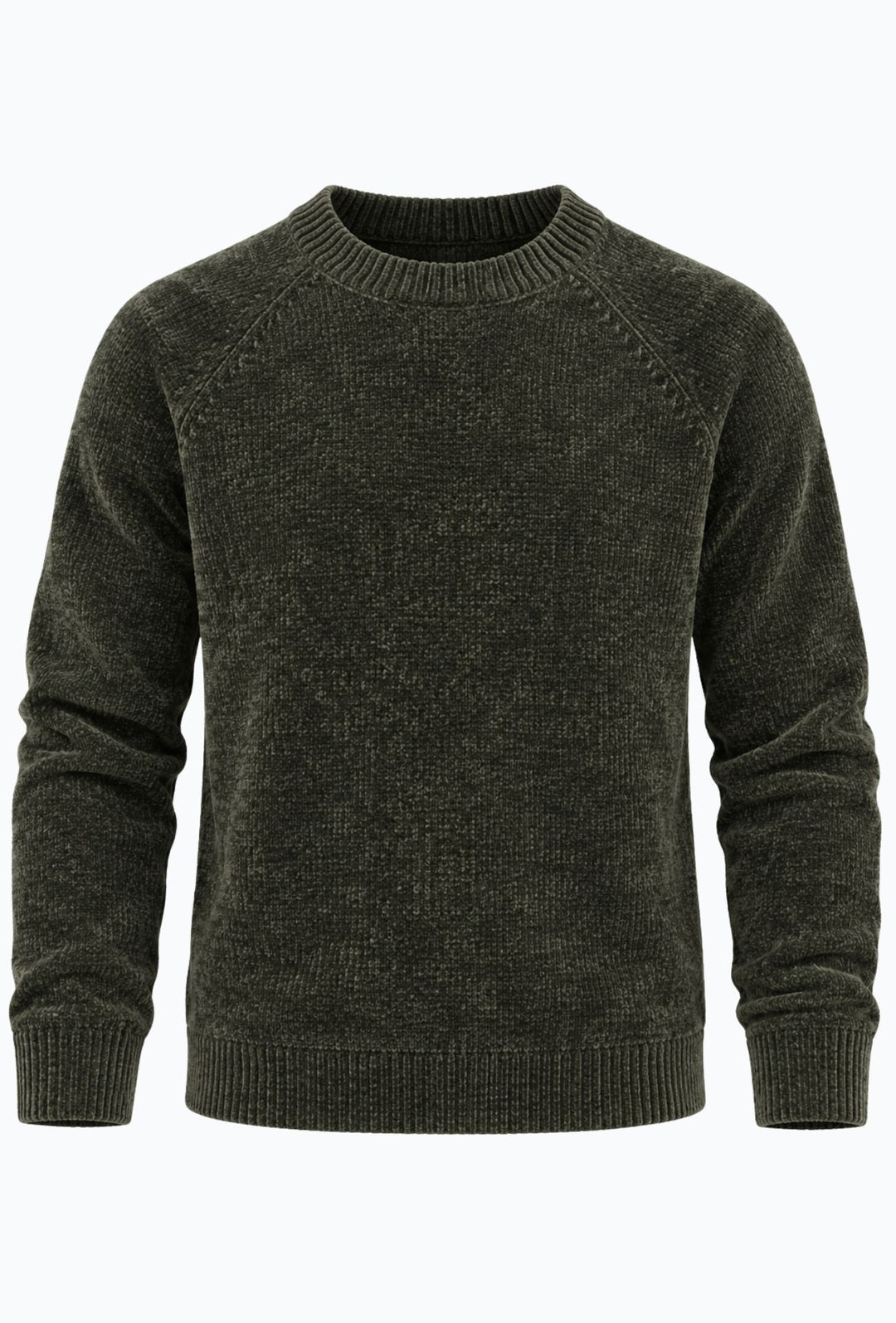 Pullover Uomo Girocollo in Morbida Ciniglia Maniche Lunghe- VERDE MILITARE