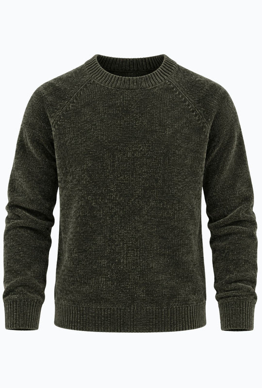 Pullover Uomo Girocollo in Morbida Ciniglia Maniche Lunghe- VERDE MILITARE