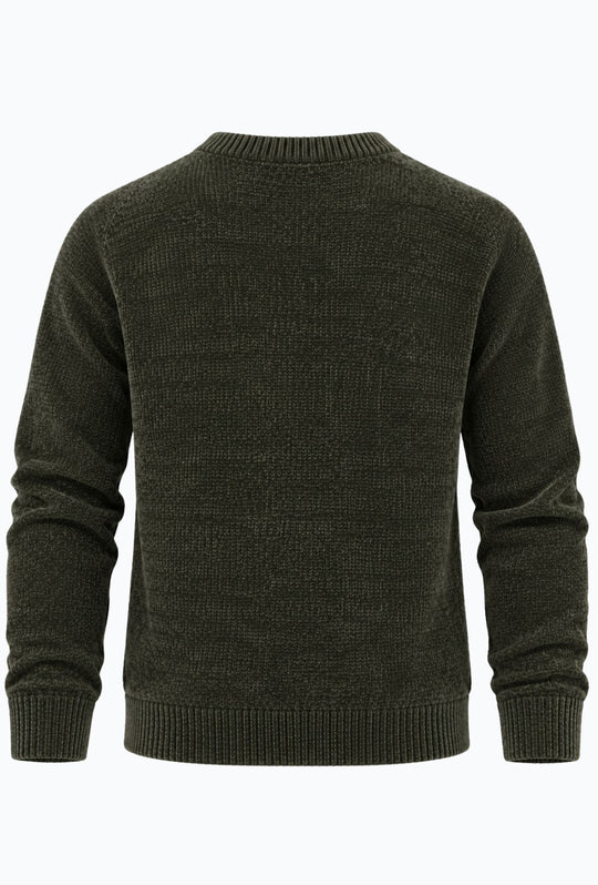 Pullover Uomo Girocollo in Morbida Ciniglia Maniche Lunghe- VERDE MILITARE