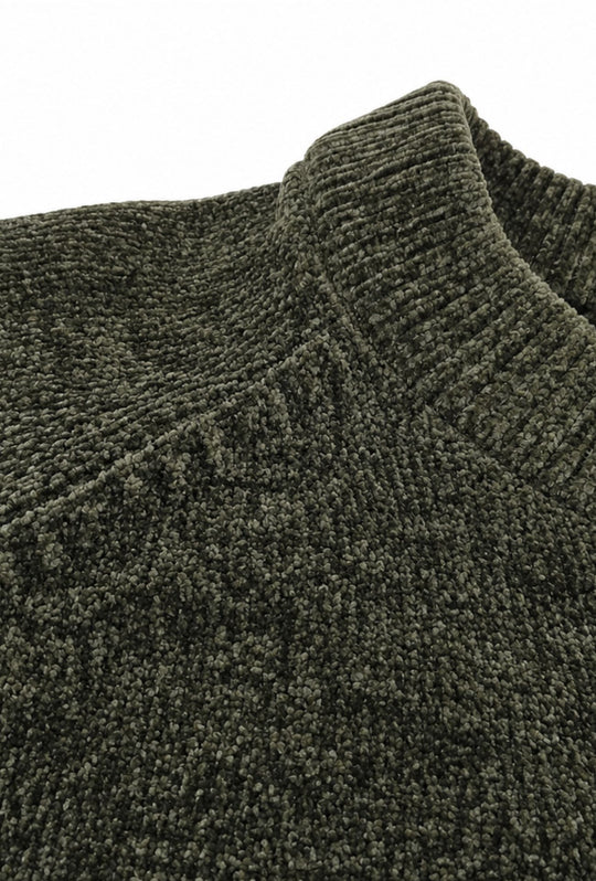 Pullover Uomo Girocollo in Morbida Ciniglia Maniche Lunghe- VERDE MILITARE