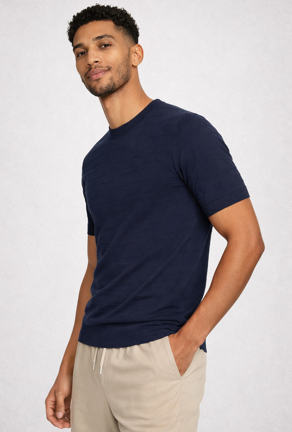 Maglia uomo misto lino mezza manica trama lavorata - BLU