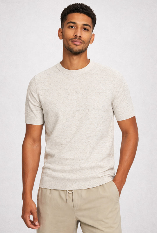 Maglia uomo misto lino mezza manica trama lavorata - BEIGE